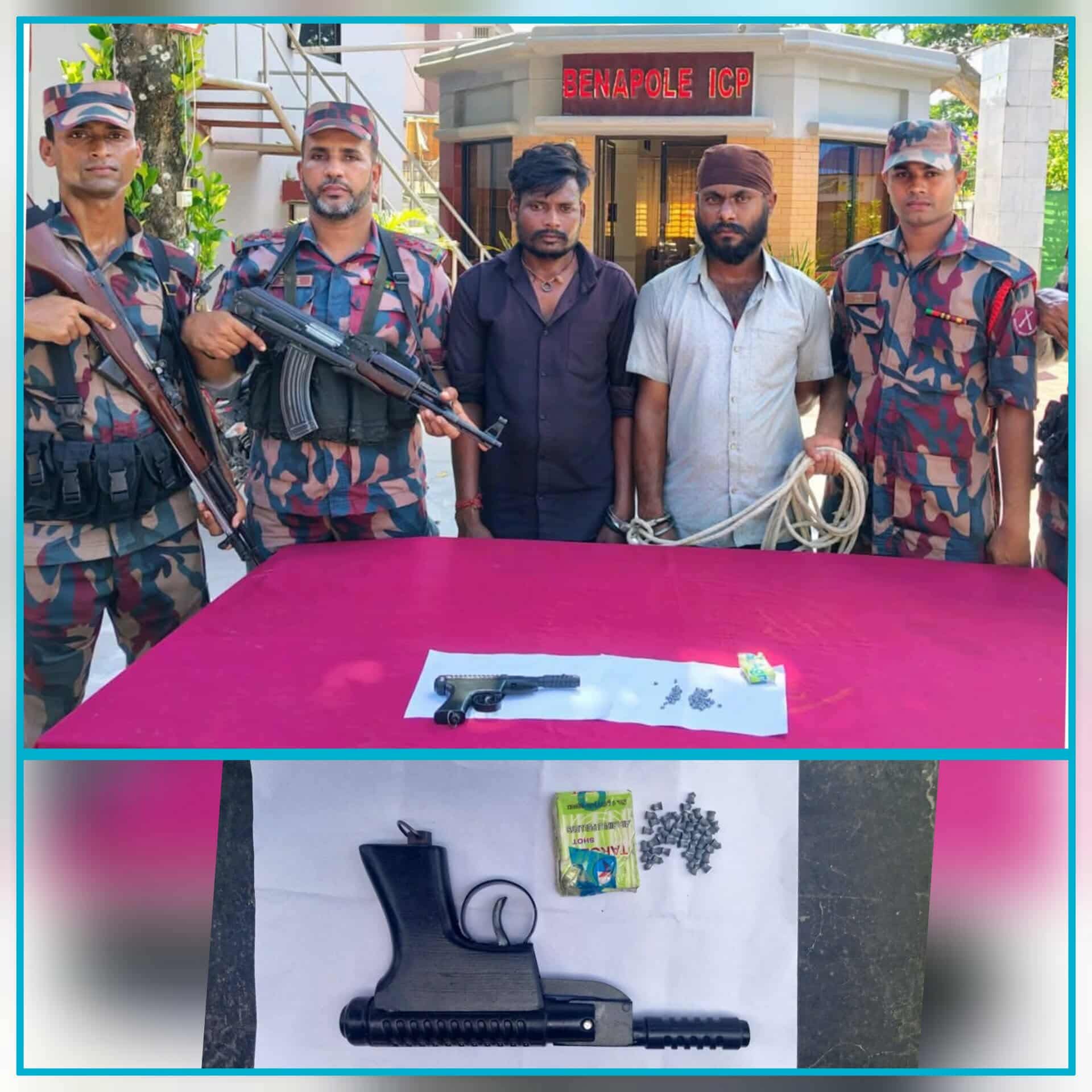 বেনাপোলে বন্দরে ভারতীয় ট্রাক থেকে এয়ার পিস্তল ও ৯৩ রাউন্ড গুলিসহ ২ জনকে আটক করেছে বিজিবি বর্ডার গার্ড ।